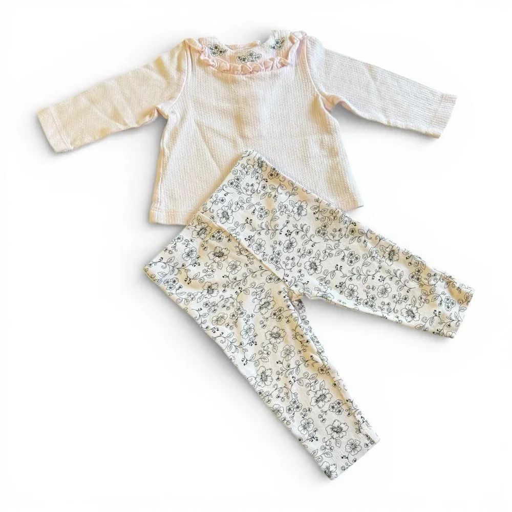 Little Me 2 Piece Floral Print Kids Pants and Top Set Pink Black Size 9 Months